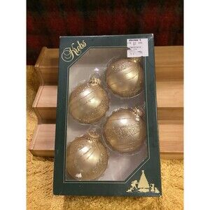 Krebs Christmas Glass Bulb Ornaments 4 Harvest Gold Balls Glitter Swirls Boxed